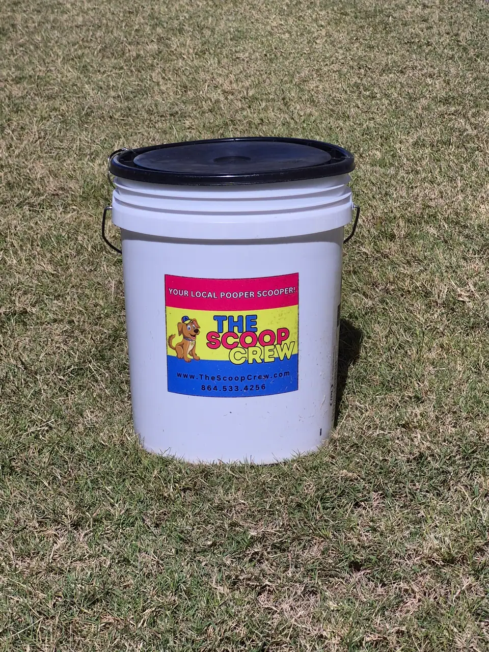 The Scoop Crew's five-gallon bucket with its Your Local Pooper Scooper label, standing on a lawn